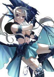 1girl black_capelet black_clover breasts capelet closed_mouth dragon_girl dragon_horns dragon_wings dragoon fins gauntlets grey_hair head_fins highres holding holding_polearm holding_weapon horns long_hair looking_at_viewer low_twintails medium_breasts midriff noelle_silva polearm poonwip purple_eyes simple_background solo twintails valkyrie water weapon white_background wings
