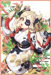 1girl blonde_hair braid breasts brown_gloves commentary_request eyepatch full_body gloves hands_up highres hitoto index_fingers_raised japanese_clothes kimono large_breasts long_hair long_sleeves looking_at_viewer mouse_(animal) multicolored_hair nengajou new_year obi open_mouth original print_kimono red_hair sash solo textless_version thick_eyebrows twin_braids two-tone_hair white_kimono wide_sleeves yellow_eyes