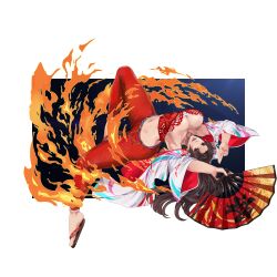 1girl absurdres backflip breasts butterfly_hair_ornament fatal_fury fire folding_fan hair_ornament hand_fan haori highres holding holding_fan japanese_clothes large_breasts long_hair official_alternate_costume official_alternate_hairstyle pants red_bustier red_pants sandals sep_rina shiranui_mai smile solo street_fighter street_fighter_6