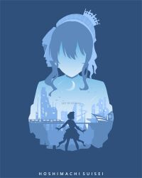 1girl absurdres artist_name blue_theme bow bridge building character_name city crescent_moon crown dress hair_bow hat highres hololive hoshimachi_suisei hoshimachi_suisei_(1st_costume) long_hair moon multiple_views rezami shooting_star silhouette skyline standing star_(sky) train virtual_youtuber