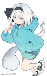 Rule 34 | 1girl, :p, alternate costume, aqua hoodie, black hairband, black ribbon, black shoes, black shorts, candy, commentary request, drawstring, food, garasuno, hair ribbon, hairband, hand in pocket, highres, holding, holding candy, holding food, holding lollipop, hood, hoodie, konpaku youmu, konpaku youmu (ghost), lollipop, long sleeves, looking at viewer, puffy long sleeves, puffy sleeves, ribbon, shoes, short hair, shorts, simple background, sneakers, solo, standing, standing on one leg, tongue, tongue out, touhou, twitter username, white background, white hair