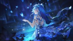 Rule 34 | 1girl, absurdres, armlet, aurora, back, black flower, blake bloom (wuthering waves), blue butterfly, blue dress, blue hair, breasts, bug, butterfly, colored eyelashes, commentary, dress, dutch angle, dvdarts, flower, hair between eyes, hand up, highres, insect, jewelry, long hair, looking at viewer, looking back, medium breasts, night, night sky, outdoors, parted lips, purple eyes, shorekeeper (wuthering waves), sitting, sky, sleeveless, sleeveless dress, smile, solo, twitter username, wuthering waves