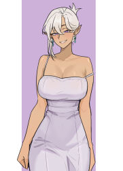 Rule 34 | 1girl, bare shoulders, blush, breasts, cleavage, collarbone, dark-skinned female, dark elf, dark skin, dress, earrings, elf, grey dress, grey hair, highres, jewelry, large breasts, looking at viewer, nokaa aru, original, parted lips, pointy ears, purple eyes, short hair, smile, solo