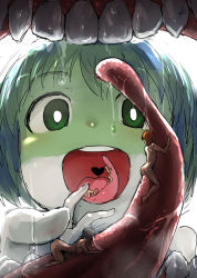 3girls ass black_hair bob_cut bright_pupils colored_skin ebizome female_focus frog_girl giant giantess green_eyes green_hair green_skin highres monster_girl multiple_girls nude orange_hair original reflection saliva short_hair size_difference soft_vore teeth tongue vore wet white_pupils