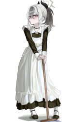 1girl absurdres alternate_costume apron black_choker black_dress blue_archive blush choker closed_mouth demon_girl demon_horns dress ear_piercing freeman_(tkuh4475) highres holding holding_mop horns kayoko_(blue_archive) long_hair looking_at_viewer maid_apron mop multicolored_hair piercing ponytail red_eyes sidelocks socks solo two-tone_hair white_apron white_hair white_socks