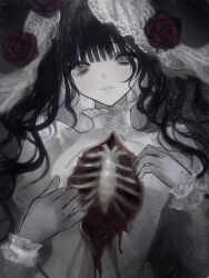 1girl akai_ringo_(eveyuno) black_dress black_gloves black_hair black_headdress blood blood_on_face breasts choker curtains dress elbow_gloves gloves goth_fashion highres indoors lolita_fashion long_sleeves looking_at_viewer non-web_source original solo window