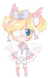 1girl angel_wings blonde_hair blue_bow blue_dress blue_eyes blue_shoes blush bow chibi closed_mouth collared_dress commentary cutesu_(cutesuu) double_bun dress english_commentary eyelashes eyepatch frilled_bow frilled_dress frilled_sleeves frilled_socks frills grey_bow hair_bow hair_bun hair_ornament hair_ribbon happy head_wings kneehighs layered_dress layered_sleeves long_sleeves lowres medical_eyepatch original pink_dress pink_socks pom_pom_(clothes) pom_pom_hair_ornament prince-booty puffy_short_sleeves puffy_sleeves ribbon shoes short_dress short_hair short_over_long_sleeves short_sleeves sleeve_bow sleeves_past_fingers sleeves_past_wrists smile socks solo standing striped_bow tareme transparent_background two-tone_bow updo white_bow white_ribbon white_sleeves white_wings wings