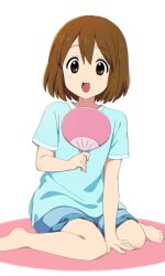 1girl :d barefoot blue_shirt blue_shorts brown_eyes brown_hair commentary full_body hand_fan highres hirasawa_yui holding holding_fan k-on! looking_at_viewer open_mouth shirt short_hair short_sleeves shorts simple_background sitting smile solo t-shirt uta_25 white_background