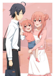 1boy ahoge apron black_hair blush breasts dars_(recolors) family father_and_child hair_bun hetero highres hikigaya_hachiman if_they_mated long_hair male_focus mother_and_child multiple_girls open_mouth pants pink_hair red_eyes shirt short_hair single_hair_bun single_side_bun skirt smile white_shirt yahari_ore_no_seishun_lovecome_wa_machigatteiru. yuigahama_yui
