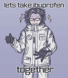 1boy absurdres aotsuki_eito black_gloves closed_eyes closed_mouth diamond_(shape) drawstring english_text gloves grey_hair highres jacket male_focus outstretched_hand pants parted_lips purple_background simple_background smile solo solo_focus standing the_hundred_line_-last_defense_academy- thumbs_up white_jacket white_pants