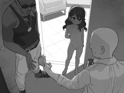 1girl 2boys age_difference arm_behind_back bald barbarian_tk blush cleft_of_venus clothed_male_nude_female completely_nude dark-skinned_male dark_skin dim_lighting fat_mons flat_chest from_inside full_body greyscale hair_between_eyes hair_ornament hairclip hetero imminent_penetration indoors interracial loli long_hair looking_at_another money monochrome multiple_boys navel nude older_male_and_younger_female original prostitution pubic_mound pussy size_difference small_areolae small_nipples standing sunglasses tank_top