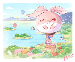 1girl ahoge aircraft animal artist_request beret bird black_eyes blue_bow blue_bowtie blue_dress blue_sky blue_sleeves blushbunny border bow bow_choker bowtie bubbly_voyage_(infinity_nikki) cat chibi choker clothed_animal cloud copyright_name day detached_sleeves dress ear_covers hair_ornament hair_rings happy hat hat_bow hood hood_up hot_air_balloon infinity_nikki island lake light_particles long_hair momo_(nikki) mountainous_horizon nikki_(nikki) nikki_(series) official_art open_mouth outdoors pink_hair road second-party_source short_sleeves sky smile star_(symbol) star_hair_ornament strapless strapless_dress sun town tree whiskers white_border white_cat white_hat yellow_hood