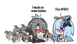ahoge asymmetrical_clothes blue_hair chibi cleavage_cutout clothing_cutout english_text grape_(grapedraws) green_hair griseo griseo_(cosmic_expression) hair_between_eyes hair_ornament halo honkai_(series) honkai_impact_3rd long_hair multiple_girls orange_eyes peacock_feathers_hair_ornament purple_eyes sidelocks vita_(honkai_impact) white_background