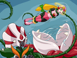 1boy 1girl capcom green_eyes helpless krlitosss mega_man_(series) open_mouth peril plant plantman.exe roll.exe_(mega_man) saliva simple_background thorns vines vore wide-eyed you_gonna_get_eaten