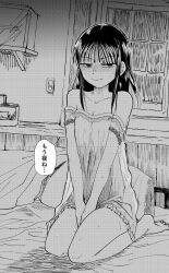 1girl aftersex bed bed_sheet bedroom beforesex black_eyes black_hair blush breasts camisole collared_shirt empty_eyes japanese_text leon_kame long_hair medium_breasts mima_sachi monochrome nightie on_bed pillow shirt sitting sweat thighs watashi_ga_motenai_no_wa_dou_kangaetemo_omaera_ga_warui! window words