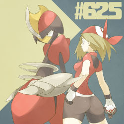 1girl ass bad_id bad_pixiv_id bandana bike_shorts bisharp blue_eyes breasts brown_hair gen_5_pokemon gloves highres huge_ass may_(pokemon) md5_mismatch medium_breasts nintendo poke_ball pokemon pokemon_(creature) premier_ball shigino_sohuzi