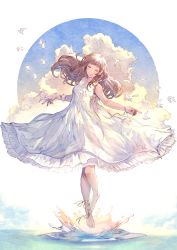 1girl arm_ribbon bare_legs barefoot bird breasts brown_hair character_request closed_mouth cloud cloudy_sky commentary_request copyright_request dress closed_eyes frilled_dress frills full_body happy highres leg_ribbon long_hair ocean outdoors ribbon shukei sky sleeveless sleeveless_dress small_breasts smile solo spaghetti_strap summer sundress sunset toenails toes white_bird white_dress white_ribbon