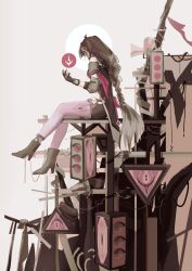 1girl absurdres black_boots black_gloves boots brown_hair caofanggeshazhang58944 commentary gloves grey_hair highres honkai_(series) honkai_impact_3rd leylah_(honkai_impact) long_hair low-braided_long_hair low-tied_long_hair multicolored_hair pantyhose sitting solo symbol-only_commentary traffic_light two-tone_hair very_long_hair