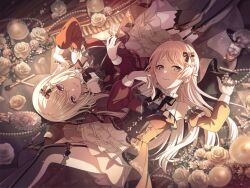2girls bang_dream! bang_dream!_it&#039;s_mygo!!!!! black_bow black_corset black_nails black_thighhighs blonde_hair bottle bow braid breasts candle chihaya_anon closed_mouth clothing_cutout corset dress earrings flower game_cg garter_straps grey_eyes hair_between_eyes hair_bow half_up_braid jewelry lipgloss long_hair looking_at_viewer lying makeup_brush medium_breasts misumi_uika multiple_girls nail_polish necktie official_art on_back on_ground parted_lips perfume_bottle purple_eyes red_dress rose shoulder_cutout thighhighs third-party_source unworn_necktie white_flower white_rose