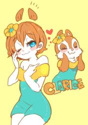 1girl animification blue_dress blue_eyes bow brown_hair clarice_(disney) disney dress eyelashes flower hair_flower hair_ornament humanization looking_at_viewer mickey_mouse_&amp;_friends open_mouth personification repikinoko short_hair smile solo upper_body
