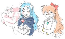 1boy 2girls bald blue_hair bow bracelet closed_eyes cloud flexing flying_sweatdrops grin hair_bow jewelry kesa kumoi_ichirin long_hair multiple_girls open_mouth orange_hair ponytail re_ghotion red_bow simple_background smile sweat touhou unzan white_background yorigami_jo&#039;on