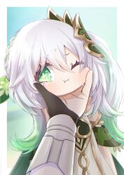 1girl 1other cape character_request cheek_squash child cross-shaped_pupils dress face_grab face_squeeze genshin_impact gradient_hair green_cape green_eyes green_hair green_sleeves hair_ornament hand_on_another&#039;s_face highres leaf_hair_ornament multicolored_hair nahida_(genshin_impact) one_eye_closed pov pov_hands side_ponytail squishing sweat symbol-shaped_pupils takatsurt wavy_mouth white_dress white_hair