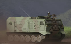 1girl antennae armored_personnel_carrier armored_vehicle day dead-robot dust goggles goggles_on_headwear gun helmet military military_truck military_vehicle motor_vehicle original outdoors solo truck weapon