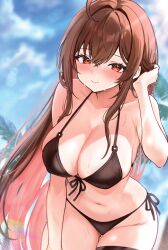1girl ahoge bibixart bikini black_bikini blush breasts brown_hair cleavage closed_mouth collarbone grabbing_own_hair highres large_breasts leaning_forward long_hair looking_at_viewer original red_eyes smile solo summer swimsuit very_long_hair wet