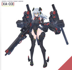 1girl absurdres android black_leotard boots breasts character_name full_body gloves green_eyes grey_hair gun hair_between_eyes highleg highleg_leotard highres holding holding_gun holding_weapon large_breasts leotard long_hair looking_at_viewer maxilax mecha_musume original rifle solo standing thigh_boots thighhighs weapon white_background