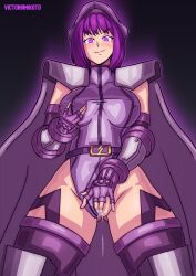 1girl asamiya_athena between_legs bodysuit boots breasts cape clothing_aside curvy fat_mons female_focus gloves gluteal_fold grabbing_own_breast hat huge_breasts large_breasts looking_at_viewer masturbation nipples pale_skin pov purple_eyes purple_hair pussy pussy_juice shiny_clothes smile smiley_face standing the_king_of_fighters thick_thighs thighs tight_clothes undressing victoriamikoto wet wide_hips