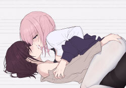 2girls after_kiss black_pantyhose blush brown_cardigan brown_hair cardigan chinese_commentary closed_eyes commentary_request girls_band_cry grey_eyes highres hina_(girls_band_cry) iseri_nina lying multiple_girls open_mouth pantyhose pink_hair saliva saliva_trail shirt short_hair short_twintails twintails white_pantyhose white_shirt yun_cao_bing yuri