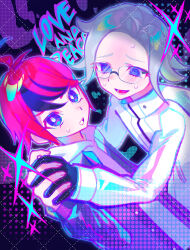 2boys @_@ aotsuki_eito black_hair black_jacket blue_eyes blush commentary english_text glasses grey_hair high_collar highres holding_hands hood hoodie iro_(mywife_sunny) jacket jacket_over_hoodie long_sleeves male_focus multiple_boys open_clothes open_jacket open_mouth red_hair short_hair smile sumino_takumi sweat symbol-only_commentary the_hundred_line_-last_defense_academy- white_hoodie white_jacket yaoi