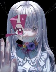 Rule 34 | 1girl, anemone (flower), black background, blood, blood on clothes, blouse, broken mirror, different reflection, eyelashes, flower, frilled shirt, frills, grey eyes, highres, looking at reflection, mirror, monou pico, original, parted lips, pink eyes, pink flower, pink hair, pink rose, portrait, pov, pov hands, purple flower, red flower, red rose, reflection, reflection focus, rose, shirt, simple background, solo, white hair, yellow flower, yellow rose