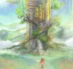 1girl ar_tonelico arm_up brown_hair dress female_focus from_behind hill industrial_pipe kari_avalon scenery solo stone torii tower tree