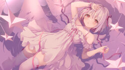 1girl bare_shoulders dress hair_ribbon highres looking_at_viewer lying multicolored_hair original parted_lips pink_dress pink_eyes pink_hair pink_ribbon pink_thighhighs ribbon solo star_(symbol) thighhighs twitter_username two-tone_hair watermark yoshino_ryou