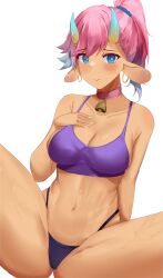1girl absurdres animal_ears bikini blue_eyes blush breasts cleavage collarbone commentary earrings hand_on_own_chest heart heart-shaped_pupils highres horns jewelry looking_at_viewer navel original pink_hair ponytail purple_bikini raiikkuu simple_background sitting small_breasts solo spread_legs stomach sweat swimsuit symbol-only_commentary symbol-shaped_pupils thighs white_background