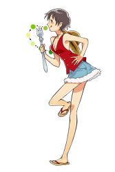 1girl bisawa denim denim_skirt female_focus fork genderswap genderswap_(mtf) hat luffyko monkey_d._luffy one_piece sandals short_hair skirt solo spork straw_hat tongue