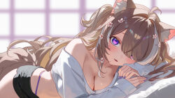 1girl ahoge animal_ear_fluff animal_ears black_shorts breasts brown_hair cat_ears cat_girl cleavage commission flower hair_flower hair_ornament hair_over_one_eye haku_yuan head_on_arm highleg highleg_panties highres indie_virtual_youtuber large_breasts light_blush long_hair looking_at_viewer lying micro_shorts mole mole_on_breast multicolored_eyes multicolored_hair on_side panties parted_bangs parted_lips pink_eyes purple_eyes purple_nails purple_panties sakurai_hana second-party_source shirt shorts sidelocks single_off_shoulder solo streaked_hair two-tone_eyes underwear very_long_hair virtual_youtuber white_shirt white_streaks