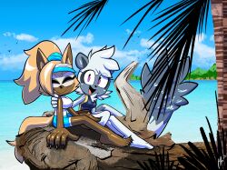 2girls absurdres beach claws hand_on_another&#039;s_back highres multiple_girls ocean palm_tree qqlettuce sega sitting_on_log sonic_(series) sonic_the_hedgehog_(idw) swimsuit tangle_the_lemur tree whisper_the_wolf