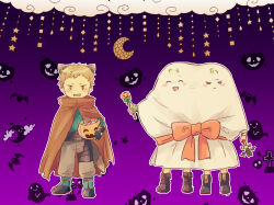 &gt;:( 3boys animal_ears ankle_boots bat_(animal) blush blush_stickers boots bow brothers brown_cape brown_eyes brown_hair candy cape cat_ears chad_(fire_emblem) child closed_eyes cloud commentary_request crescent fake_animal_ears fingerless_gloves fire_emblem fire_emblem:_the_binding_blade food ghost ghost_costume gloves gradient_background halloween halloween_costume highres holding jack-o&#039;-lantern looking_at_viewer lugh_(fire_emblem) male_focus multiple_boys nintendo nishimura_(shinchinagachi) no_sclera open_mouth pants partial_commentary purple_background raigh_(fire_emblem) shoes short_hair siblings smile square star_(symbol) v-shaped_eyebrows