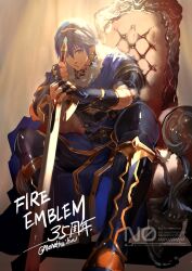 1boy anniversary blue_eyes blue_hair commentary_request earrings fire_emblem fire_emblem:_mystery_of_the_emblem hand_on_hilt jewelry looking_at_viewer male_focus marth_(fire_emblem) nanathuika nintendo planted planted_sword planted_weapon short_hair sitting solo sword tiara twitter_username watermark weapon