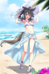 1girl ahoge alternate_costume armpits beach bikini black_hair blue_eyes breasts cleavage collarbone commentary_request daring_tact_(umamusume) full_body hat highres horse_girl looking_at_viewer medium_breasts navel ocean open_mouth shinohara_shinome solo standing swimsuit umamusume