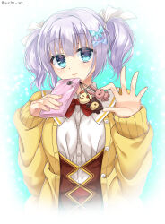 1girl amairo_islenauts blue_background blue_eyes blue_hair blunt_bangs blush bow bowtie brown_corset butterfly_hair_ornament buttons cardigan cellphone closed_mouth collared_shirt commentary_request corset eyes_visible_through_hair fingernails fuyukichi_(nikoniko1567) hair_ornament hair_ribbon hands_up highres holding holding_phone lips looking_at_viewer medium_hair phone rabbit_ornament red_bow red_bowtie ribbon school_uniform shiraga_airi shirt simple_background sleeves_past_wrists smartphone smile solo twintails twitter_username upper_body white_ribbon white_shirt yellow_cardigan