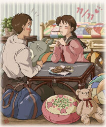 1boy 1girl bag bed blush braid brown_hair brown_pants cookie dated duffel_bag food freckles harada_yuuko hetero highres hitomin_(joutaro195) indoors long_hair mimi_wo_sumaseba mouth_hold pants pink_shirt plant pocky potted_plant school_uniform shirt short_hair sitting studio_ghibli stuffed_animal stuffed_toy sugimura_(mimi_wo_sumaseba) table teddy_bear throw_pillow tonari_no_totoro totoro white_shirt