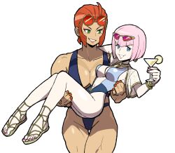 Rule 34 | 2girls, absurdres, blue eyes, blue one-piece swimsuit, breasts, carrying, cocktail glass, cup, drinking glass, eyeliner, green eyes, hair slicked back, highres, large breasts, makeup, manon legrand, marisa (street fighter), multiple girls, muscular, muscular female, one-piece swimsuit, pink-tinted eyewear, pink hair, princess carry, red-tinted eyewear, red eyeliner, red hair, sach56000, street fighter, street fighter 6, swimsuit, tinted eyewear