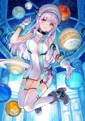 1girl bare_shoulders boots breasts d4dj dress fuzichoco gloves grey_eyes grey_hat hand_up hat headphones high_collar highres indoors izumo_saki large_breasts legs_up long_hair looking_at_viewer midair parted_lips planetarium sky sleeveless sleeveless_dress solo star_(sky) starry_sky thighhighs white_dress white_gloves white_hair white_thighhighs zettai_ryouiki