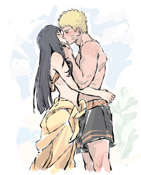 Rule 34 | 1boy, 1girl, beerenfuchs, bikini, black hair, blonde hair, closed eyes, commentary, couple, english commentary, facial mark, from side, hetero, highres, husband and wife, hyuuga hinata, kiss, male swimwear, naruto: the last, naruto (series), official alternate costume, sarong, swim trunks, swimsuit, uzumaki naruto, whisker markings