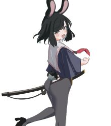 1girl :d animal_ears bad_id bad_twitter_id black_hair black_leotard black_pantyhose black_shoes blush brown_eyes colored_inner_hair commentary_request cropped_shirt fang grey_hair high_heels highres katana leotard leotard_under_clothes looking_at_viewer multicolored_hair neckerchief open_mouth original osakana_(kitasisn) pantyhose purple_shirt rabbit_ears rabbit_girl rabbit_tail red_neckerchief sailor_collar sailor_shirt scabbard sheath sheathed shirt shoes simple_background skin_fang smile solo standing standing_on_one_leg sword tail weapon white_background white_sailor_collar