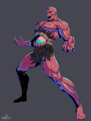 Rule 34 | 1boy, 2022, artist name, bald, black sclera, colored sclera, colored skin, commentary, dated, english commentary, green eyes, grey background, male focus, muscular, muscular male, open mouth, rampage (leedash2), seth (street fighter), simple background, solo, street fighter, street fighter iv (series), yin yang