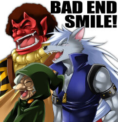 1girl 2boys akaooni animal_print armlet blue_jumpsuit body_fur brown_hair closed_eyes colored_skin english_text furry furry_male green_robe grey_fur high_collar hooded_robe horns jewelry jumpsuit laughing long_hair majorina multiple_boys old old_woman oni open_mouth pointy_ears precure red_skin robe simple_background sleeveless_jumpsuit smile_precure! studded_armlet tiger_print tusks upper_body very_long_hair wauwa white_background white_hair wolf_boy wolfrun